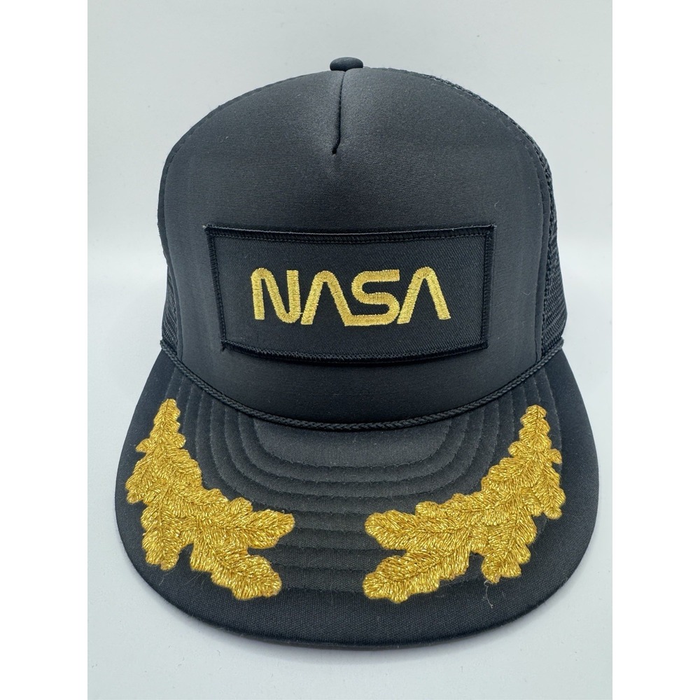 VTG NASA Nissin Trucker Hat Snapback Black Gold Leaf Embroidered Mesh Cap